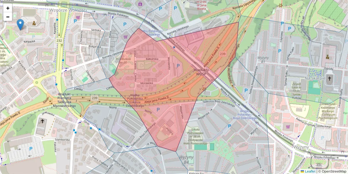 Szczegółowa mapa kodu pocztowego 85-167 z granicami, sąsiednimi kodami pocztowymi i urzędami pocztowymi