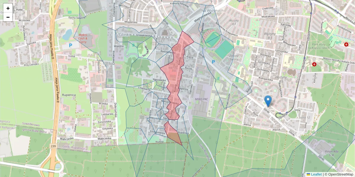 Szczegółowa mapa kodu pocztowego 85-179 z granicami, sąsiednimi kodami pocztowymi i urzędami pocztowymi