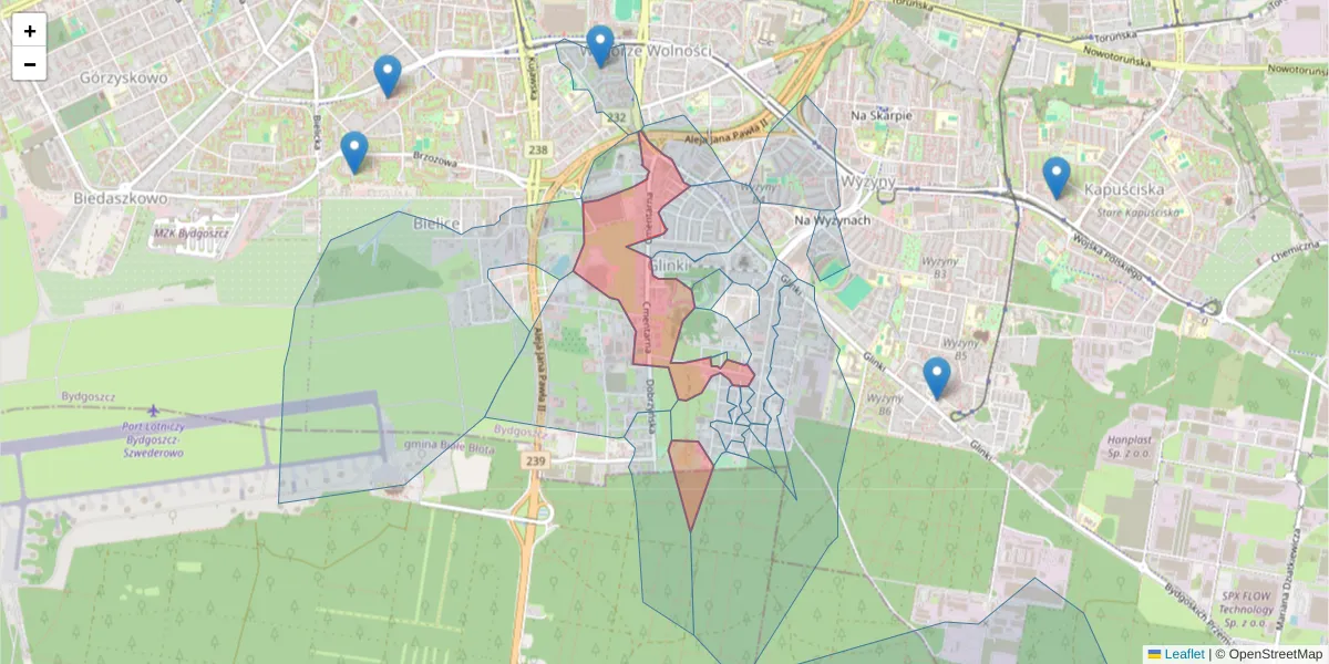 Szczegółowa mapa kodu pocztowego 85-184 z granicami, sąsiednimi kodami pocztowymi i urzędami pocztowymi