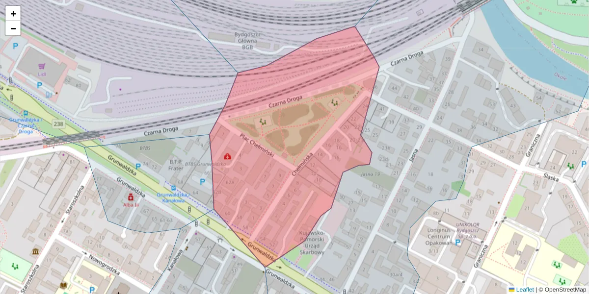 Szczegółowa mapa kodu pocztowego 85-203 z granicami, sąsiednimi kodami pocztowymi i urzędami pocztowymi