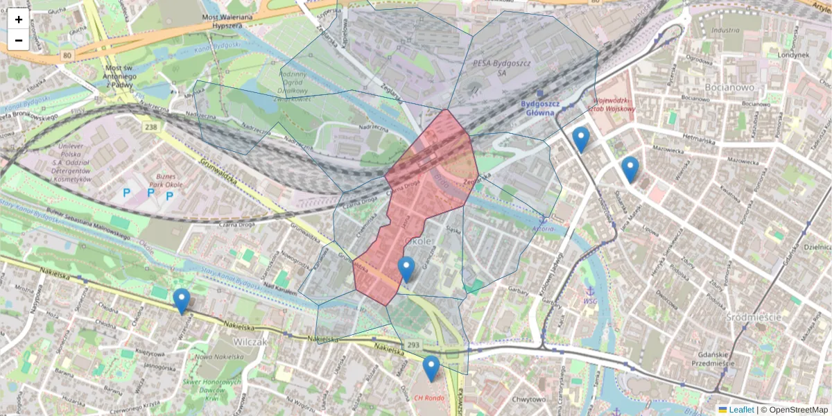 Szczegółowa mapa kodu pocztowego 85-205 z granicami, sąsiednimi kodami pocztowymi i urzędami pocztowymi