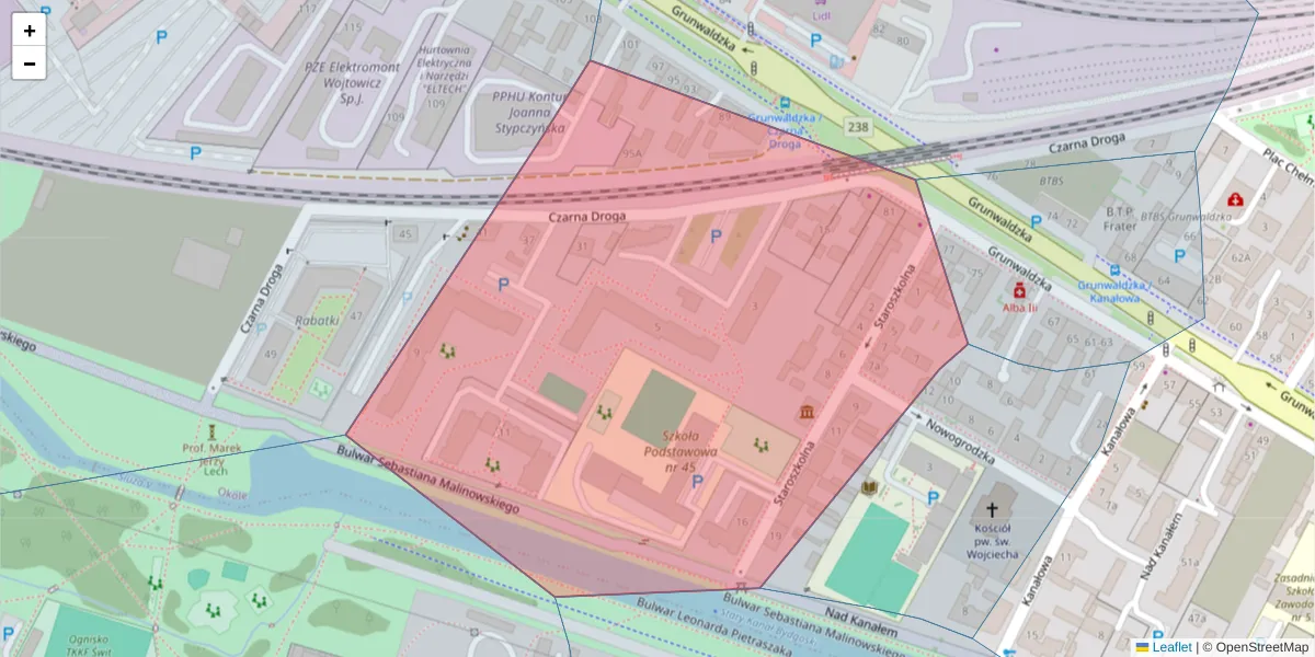 Szczegółowa mapa kodu pocztowego 85-209 z granicami, sąsiednimi kodami pocztowymi i urzędami pocztowymi
