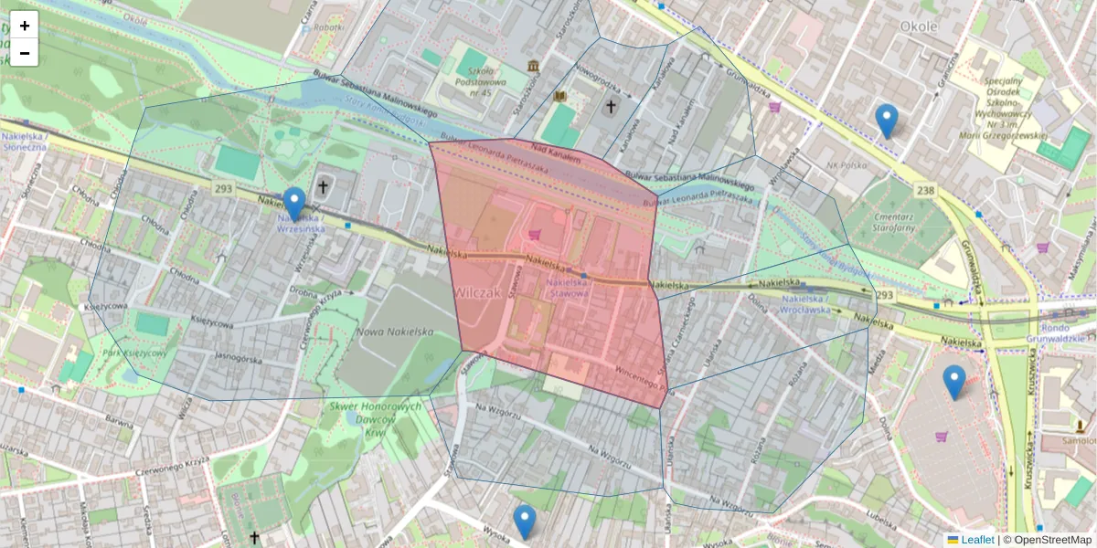 Szczegółowa mapa kodu pocztowego 85-219 z granicami, sąsiednimi kodami pocztowymi i urzędami pocztowymi