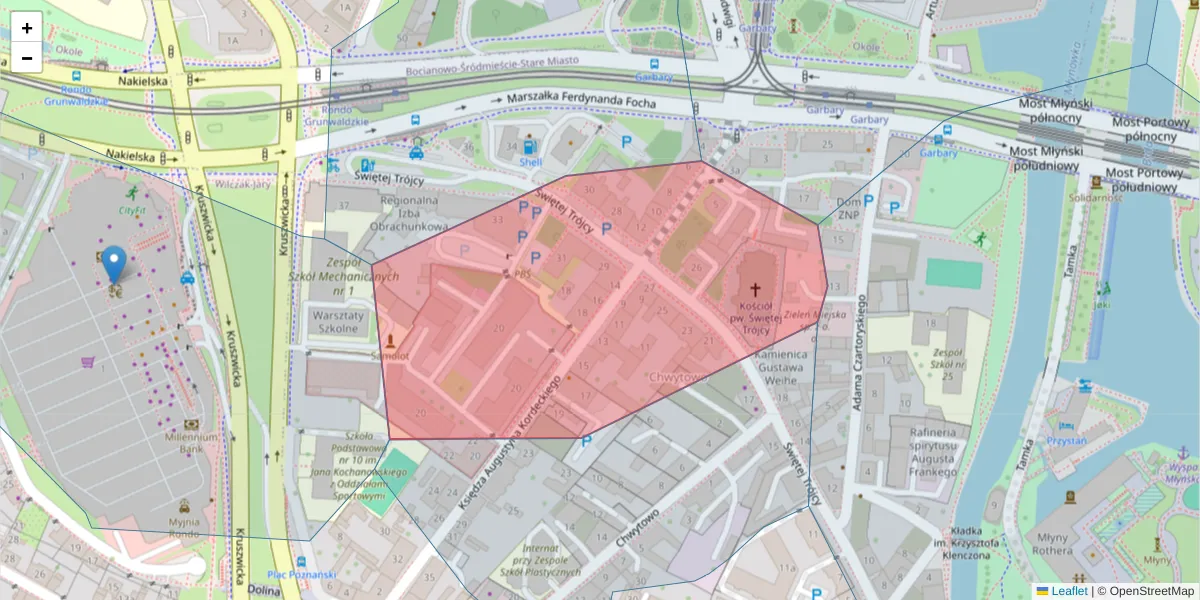 Szczegółowa mapa kodu pocztowego 85-225 z granicami, sąsiednimi kodami pocztowymi i urzędami pocztowymi