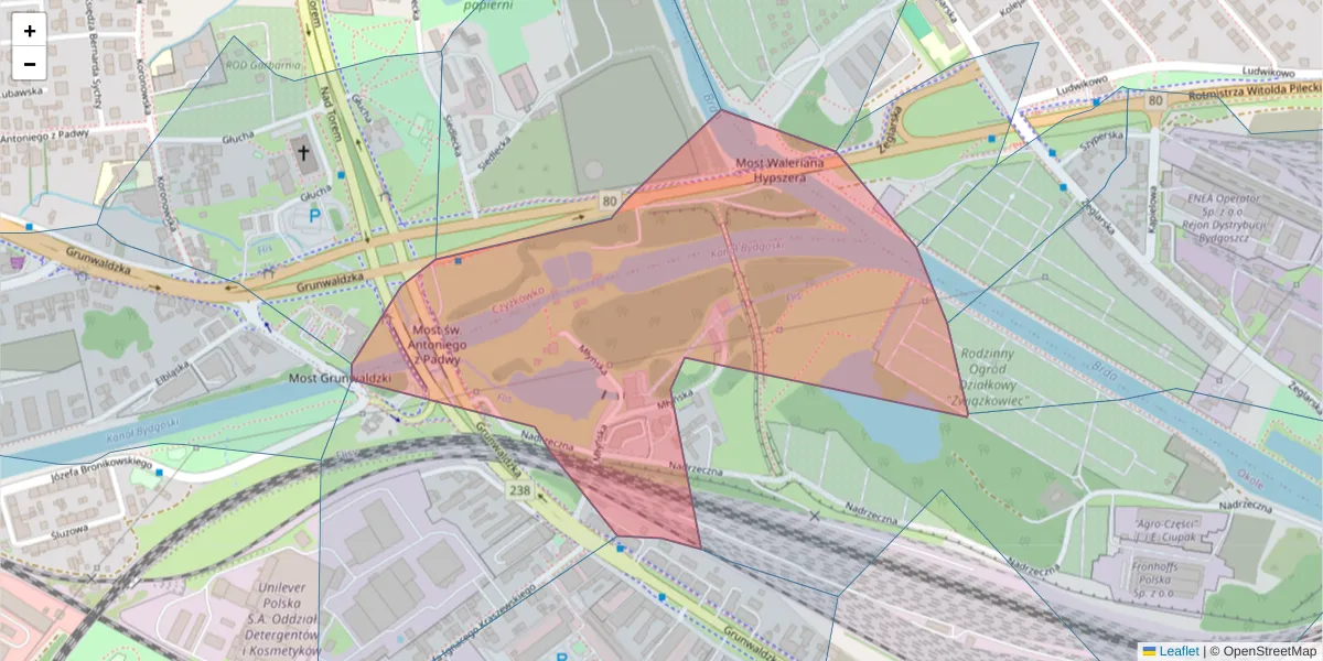 Szczegółowa mapa kodu pocztowego 85-226 z granicami, sąsiednimi kodami pocztowymi i urzędami pocztowymi