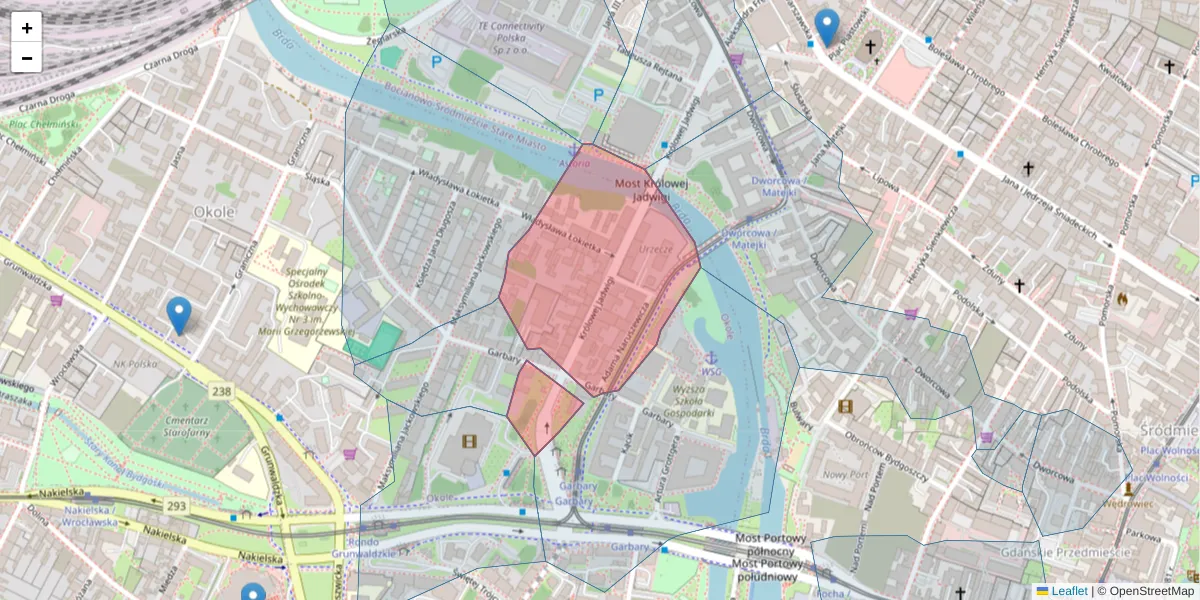 Szczegółowa mapa kodu pocztowego 85-231 z granicami, sąsiednimi kodami pocztowymi i urzędami pocztowymi