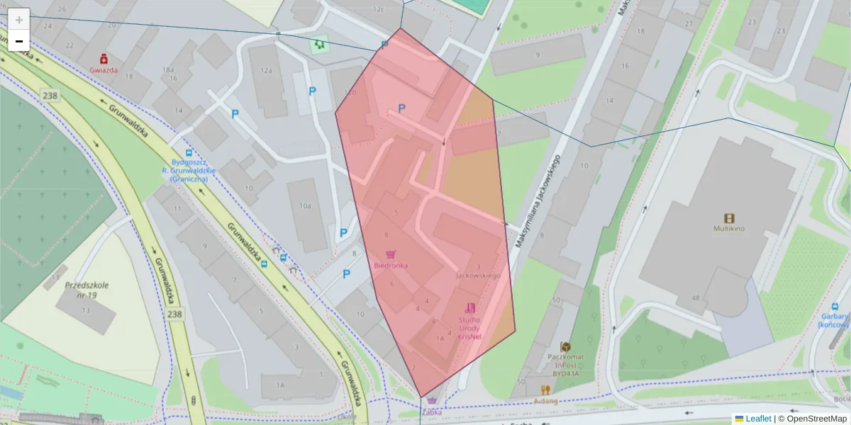 Szczegółowa mapa kodu pocztowego 85-232 z granicami, sąsiednimi kodami pocztowymi i urzędami pocztowymi