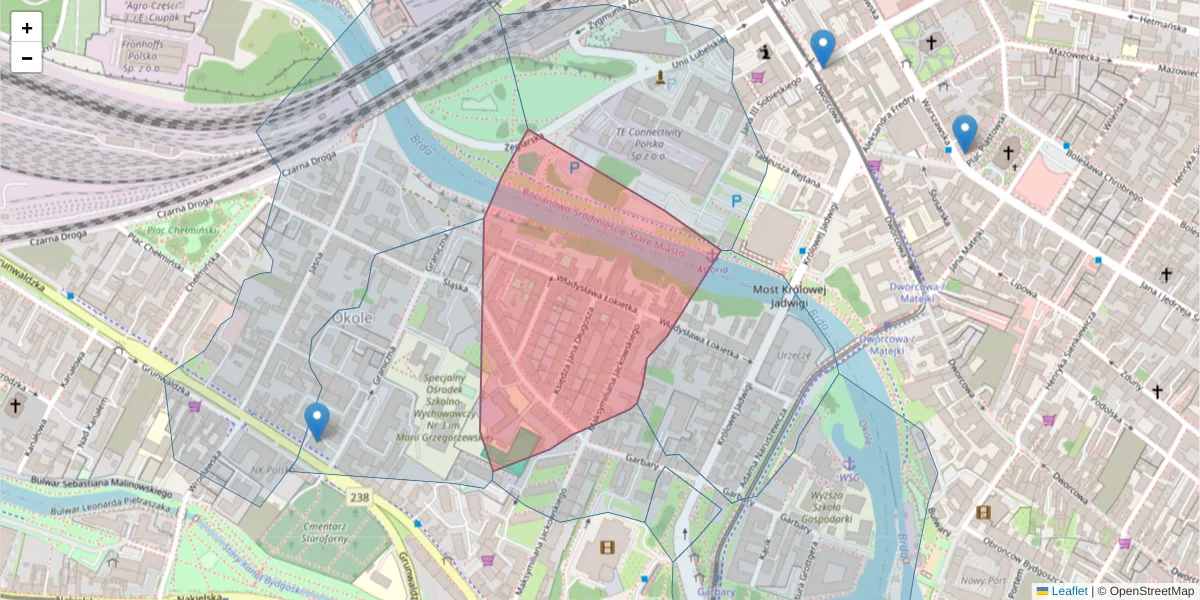 Szczegółowa mapa kodu pocztowego 85-233 z granicami, sąsiednimi kodami pocztowymi i urzędami pocztowymi