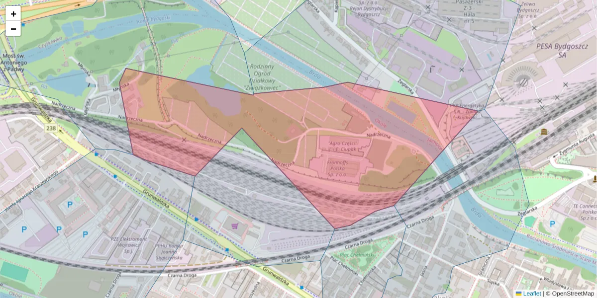 Szczegółowa mapa kodu pocztowego 85-238 z granicami, sąsiednimi kodami pocztowymi i urzędami pocztowymi