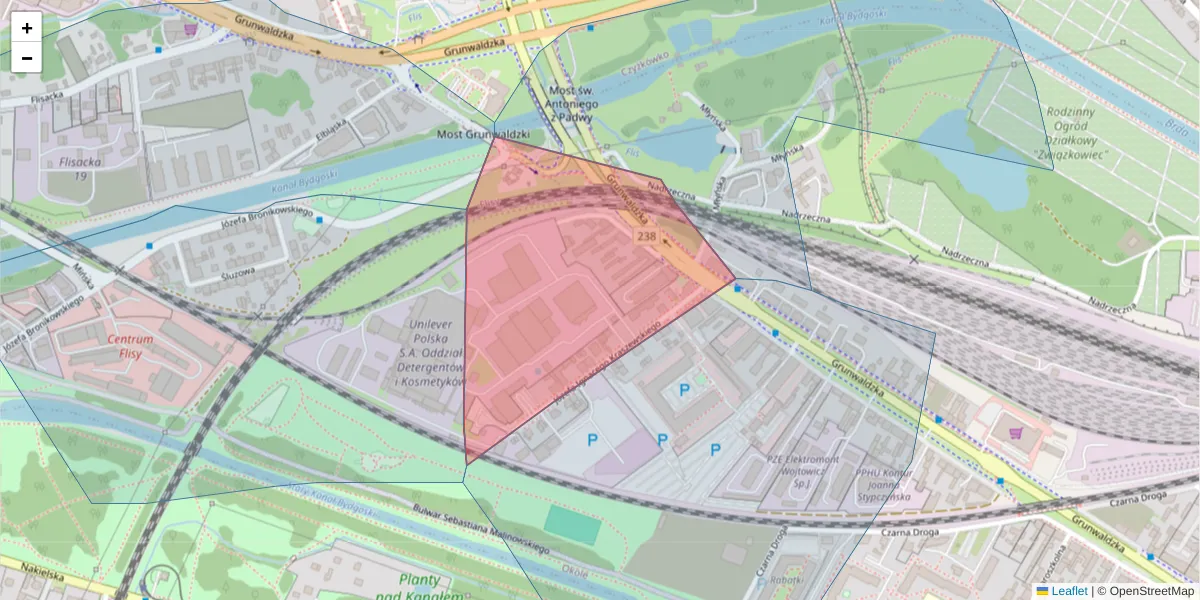 Szczegółowa mapa kodu pocztowego 85-241 z granicami, sąsiednimi kodami pocztowymi i urzędami pocztowymi