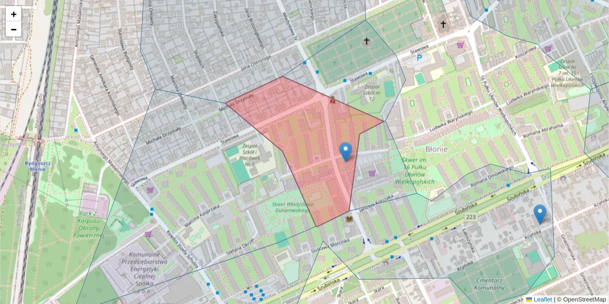 Szczegółowa mapa kodu pocztowego 85-316 z granicami, sąsiednimi kodami pocztowymi i urzędami pocztowymi