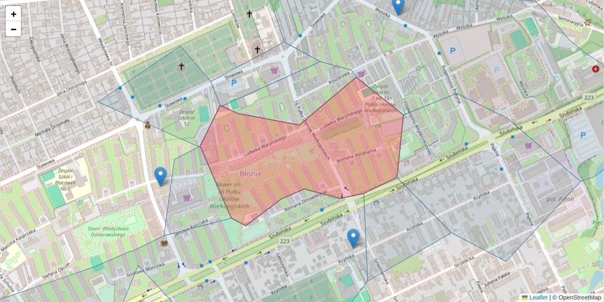 Szczegółowa mapa kodu pocztowego 85-320 z granicami, sąsiednimi kodami pocztowymi i urzędami pocztowymi