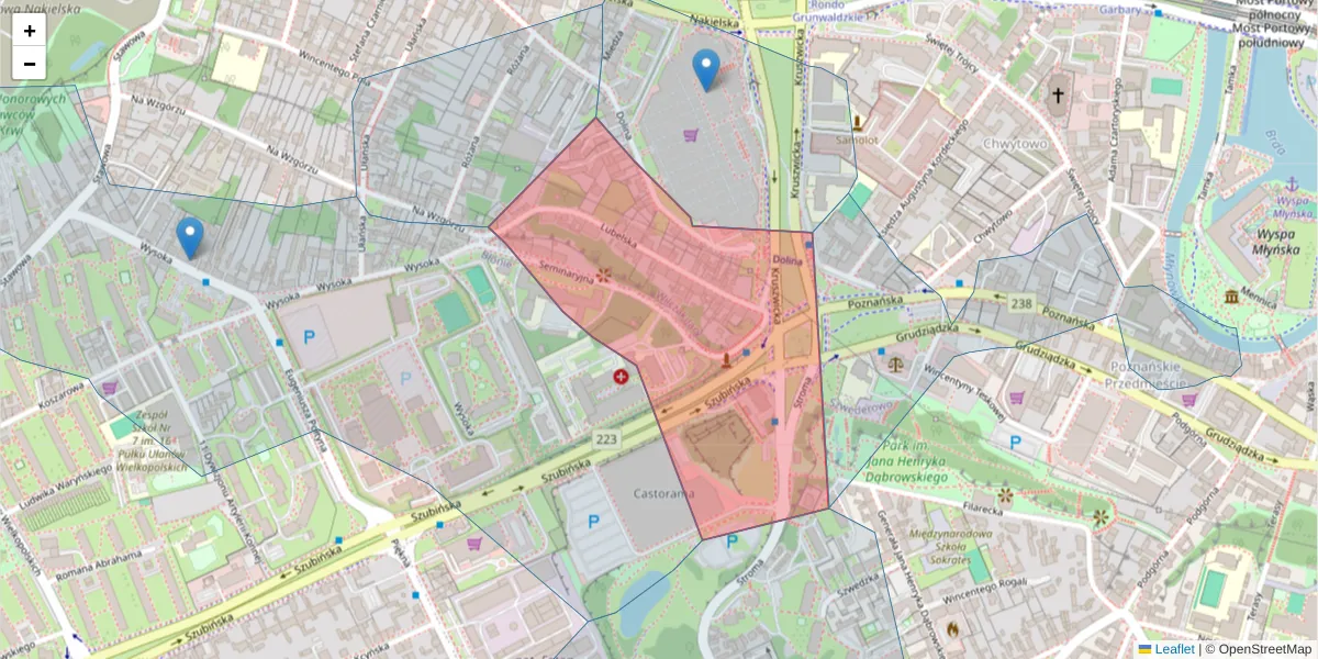 Szczegółowa mapa kodu pocztowego 85-326 z granicami, sąsiednimi kodami pocztowymi i urzędami pocztowymi