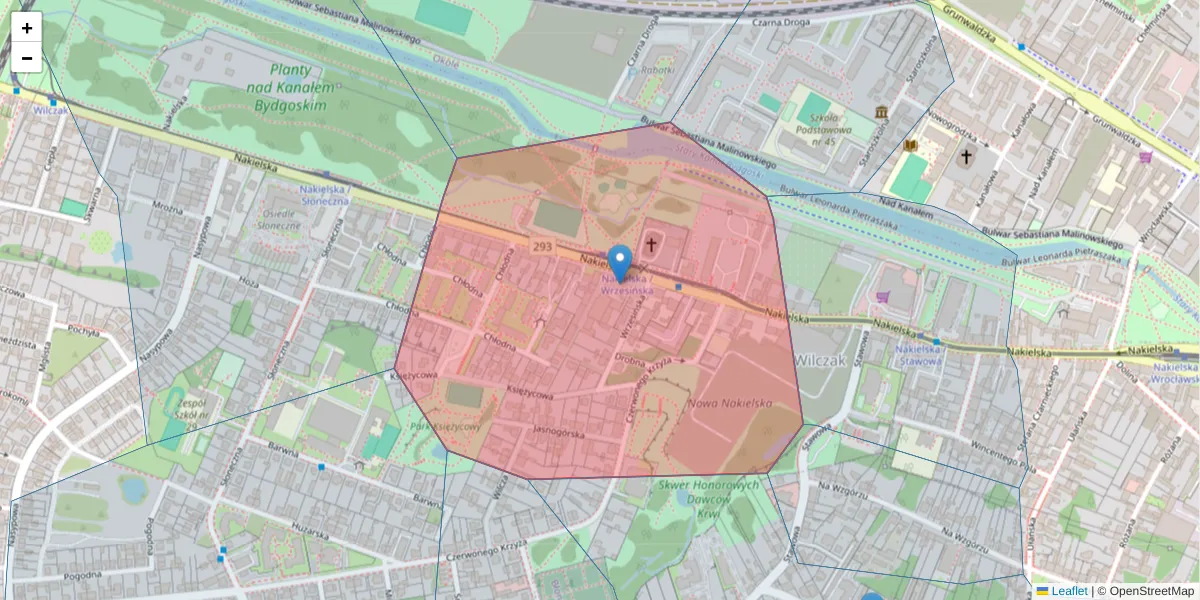 Szczegółowa mapa kodu pocztowego 85-338 z granicami, sąsiednimi kodami pocztowymi i urzędami pocztowymi