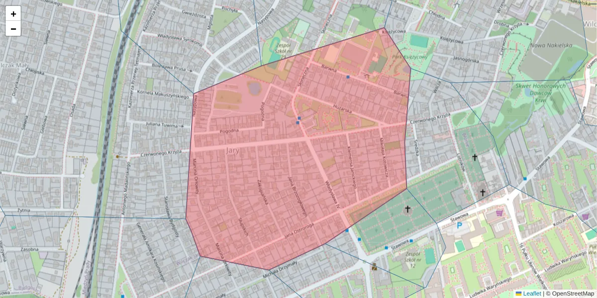 Szczegółowa mapa kodu pocztowego 85-340 z granicami, sąsiednimi kodami pocztowymi i urzędami pocztowymi