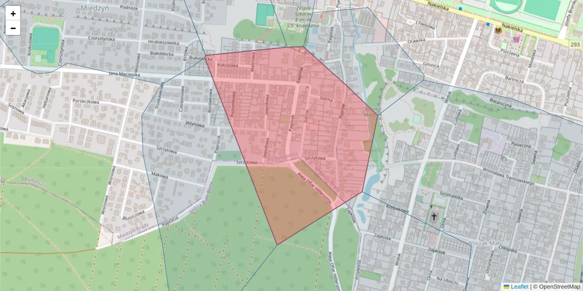 Szczegółowa mapa kodu pocztowego 85-343 z granicami, sąsiednimi kodami pocztowymi i urzędami pocztowymi