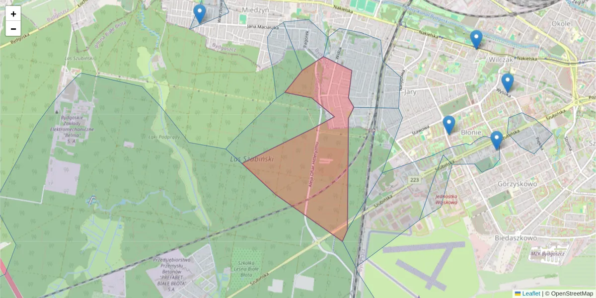 Szczegółowa mapa kodu pocztowego 85-357 z granicami, sąsiednimi kodami pocztowymi i urzędami pocztowymi