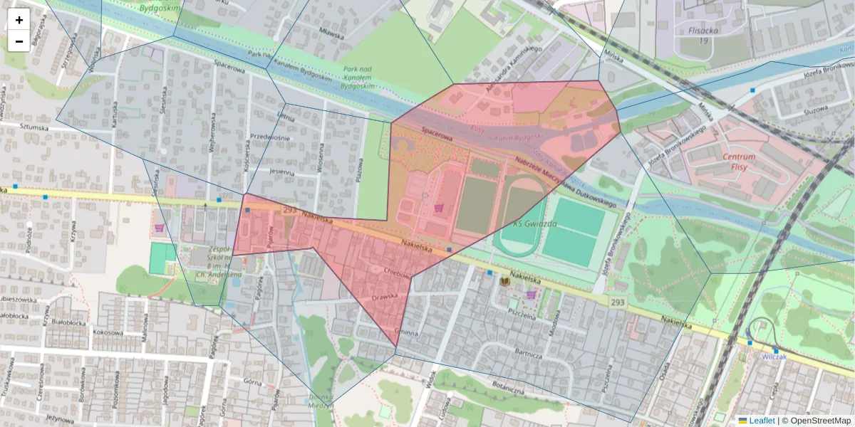 Szczegółowa mapa kodu pocztowego 85-358 z granicami, sąsiednimi kodami pocztowymi i urzędami pocztowymi