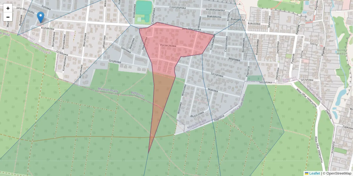 Szczegółowa mapa kodu pocztowego 85-368 z granicami, sąsiednimi kodami pocztowymi i urzędami pocztowymi