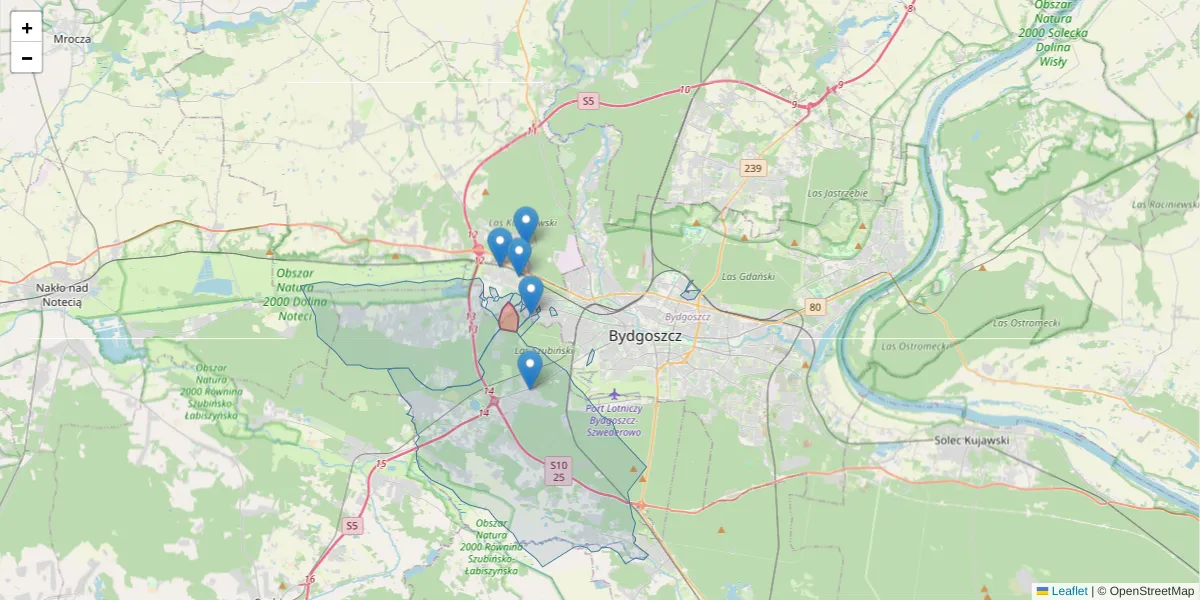 Szczegółowa mapa kodu pocztowego 85-369 z granicami, sąsiednimi kodami pocztowymi i urzędami pocztowymi