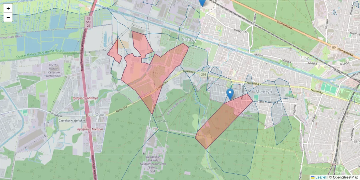 Szczegółowa mapa kodu pocztowego 85-374 z granicami, sąsiednimi kodami pocztowymi i urzędami pocztowymi