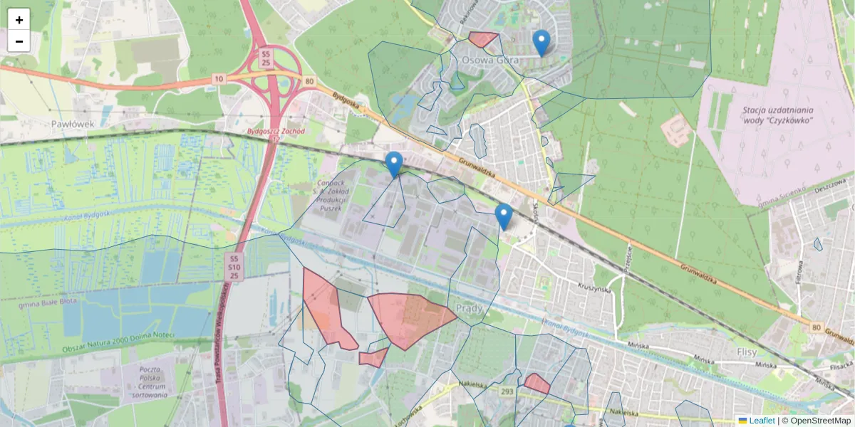 Szczegółowa mapa kodu pocztowego 85-375 z granicami, sąsiednimi kodami pocztowymi i urzędami pocztowymi