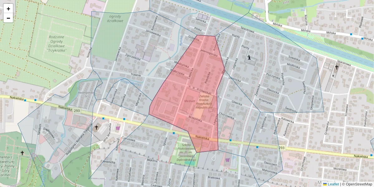 Szczegółowa mapa kodu pocztowego 85-377 z granicami, sąsiednimi kodami pocztowymi i urzędami pocztowymi