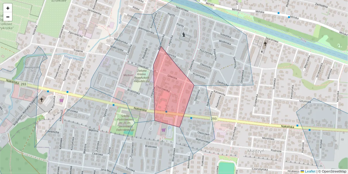 Szczegółowa mapa kodu pocztowego 85-379 z granicami, sąsiednimi kodami pocztowymi i urzędami pocztowymi