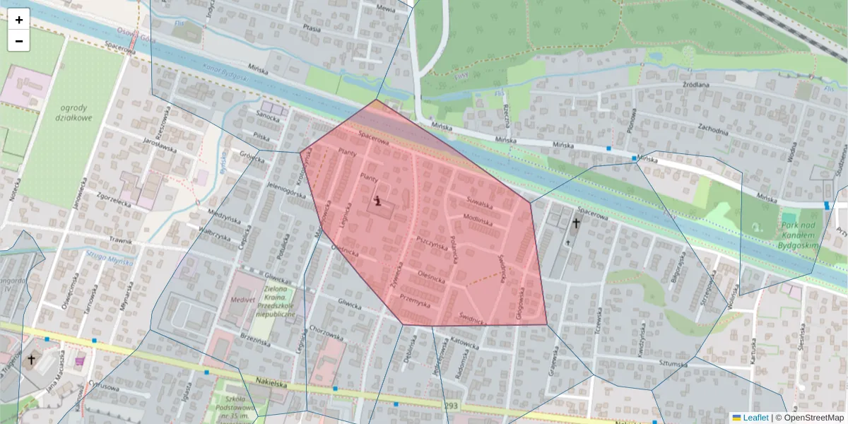 Szczegółowa mapa kodu pocztowego 85-380 z granicami, sąsiednimi kodami pocztowymi i urzędami pocztowymi