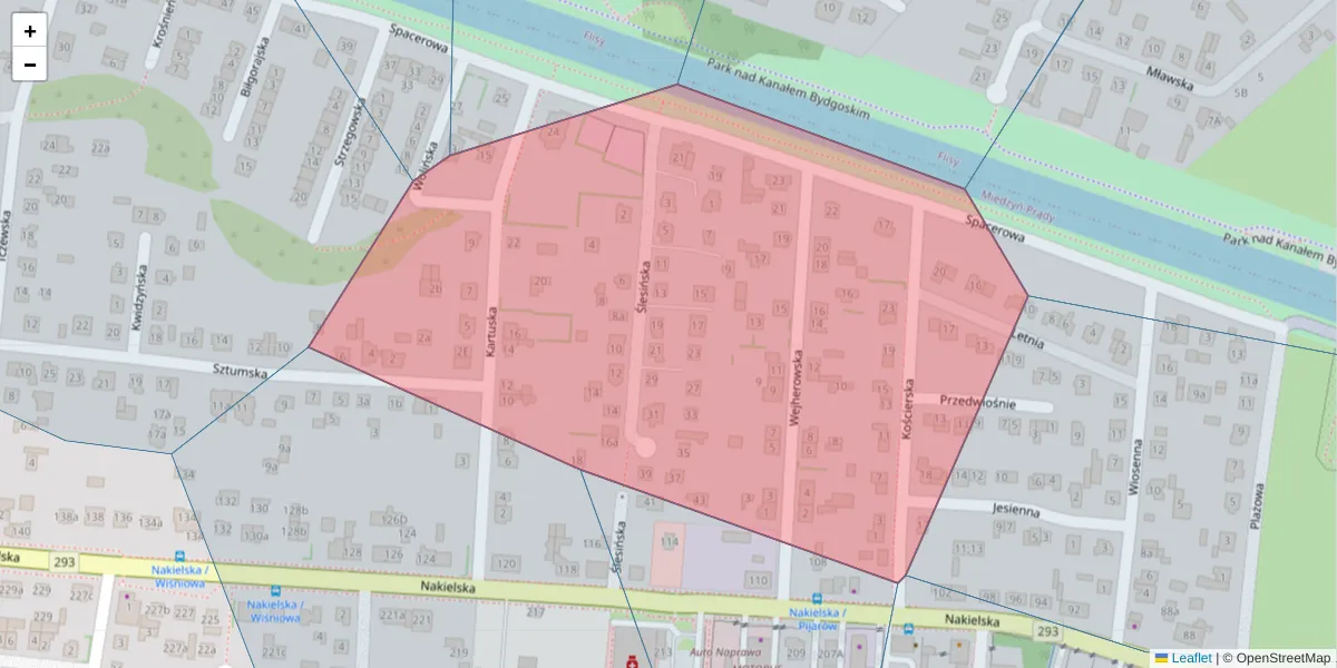 Szczegółowa mapa kodu pocztowego 85-384 z granicami, sąsiednimi kodami pocztowymi i urzędami pocztowymi