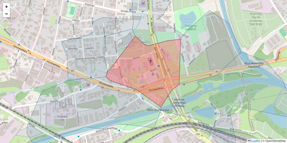 Szczegółowa mapa kodu pocztowego 85-404 z granicami, sąsiednimi kodami pocztowymi i urzędami pocztowymi