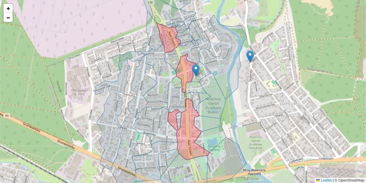 Szczegółowa mapa kodu pocztowego 85-409 z granicami, sąsiednimi kodami pocztowymi i urzędami pocztowymi