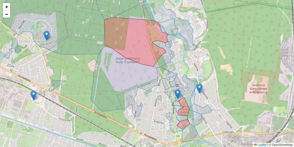 Szczegółowa mapa kodu pocztowego 85-412 z granicami, sąsiednimi kodami pocztowymi i urzędami pocztowymi