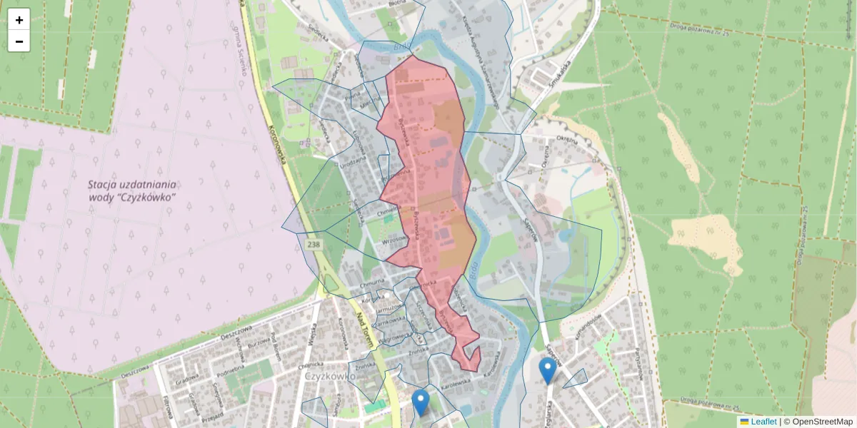 Szczegółowa mapa kodu pocztowego 85-416 z granicami, sąsiednimi kodami pocztowymi i urzędami pocztowymi