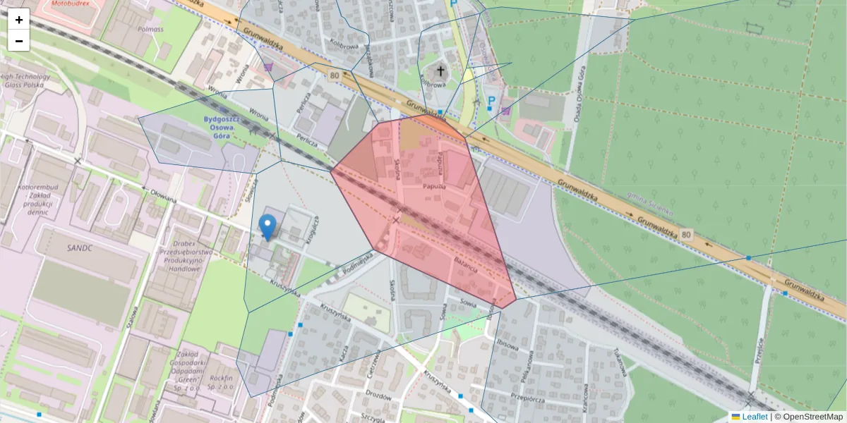 Szczegółowa mapa kodu pocztowego 85-418 z granicami, sąsiednimi kodami pocztowymi i urzędami pocztowymi