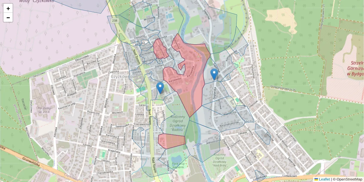 Szczegółowa mapa kodu pocztowego 85-420 z granicami, sąsiednimi kodami pocztowymi i urzędami pocztowymi