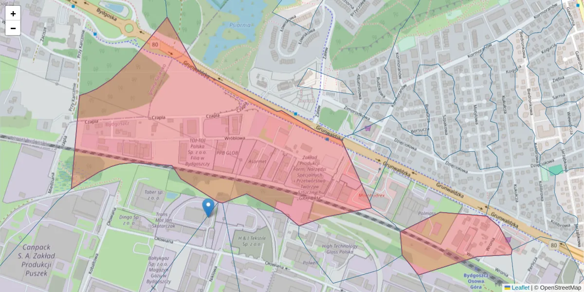 Szczegółowa mapa kodu pocztowego 85-437 z granicami, sąsiednimi kodami pocztowymi i urzędami pocztowymi