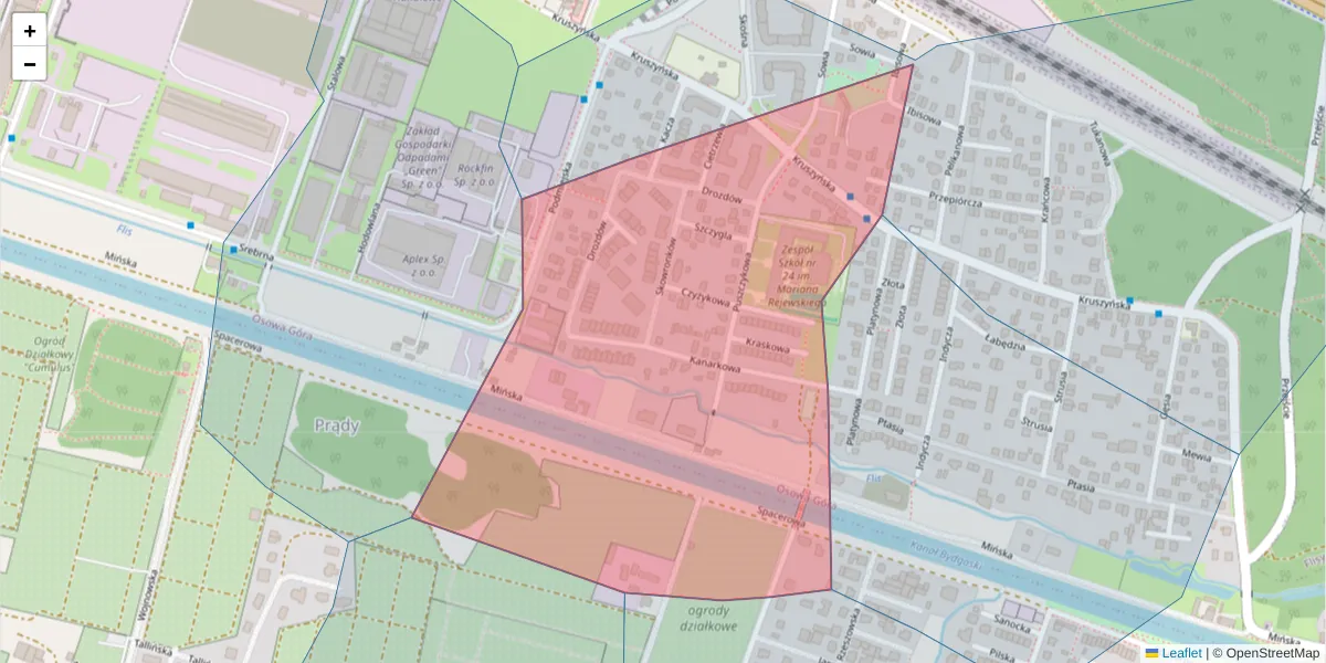 Szczegółowa mapa kodu pocztowego 85-446 z granicami, sąsiednimi kodami pocztowymi i urzędami pocztowymi