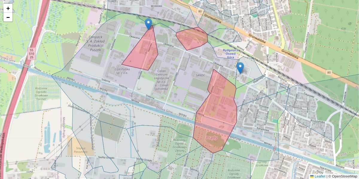 Szczegółowa mapa kodu pocztowego 85-453 z granicami, sąsiednimi kodami pocztowymi i urzędami pocztowymi