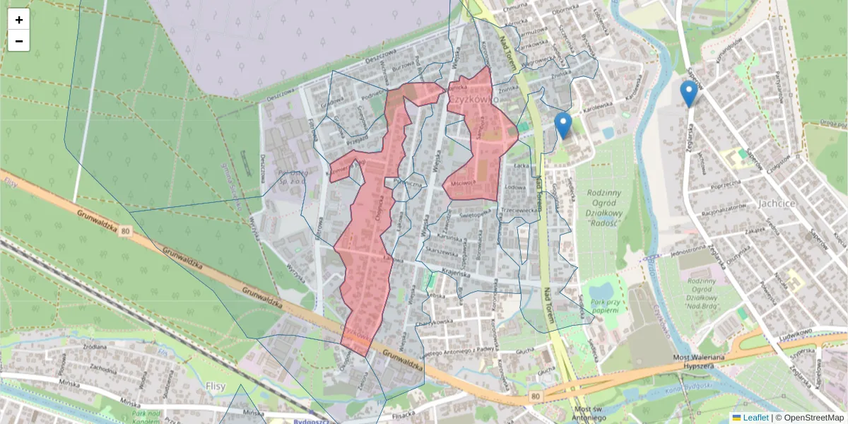Szczegółowa mapa kodu pocztowego 85-459 z granicami, sąsiednimi kodami pocztowymi i urzędami pocztowymi
