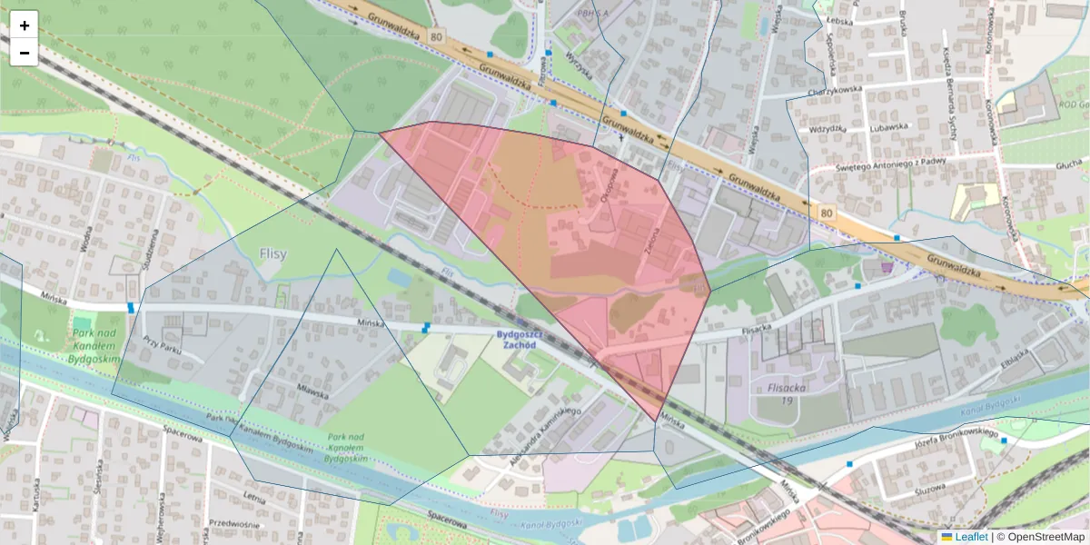 Szczegółowa mapa kodu pocztowego 85-464 z granicami, sąsiednimi kodami pocztowymi i urzędami pocztowymi