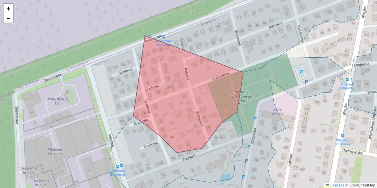 Szczegółowa mapa kodu pocztowego 85-466 z granicami, sąsiednimi kodami pocztowymi i urzędami pocztowymi