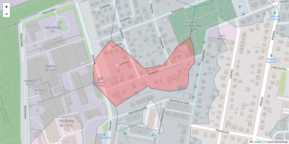 Szczegółowa mapa kodu pocztowego 85-468 z granicami, sąsiednimi kodami pocztowymi i urzędami pocztowymi