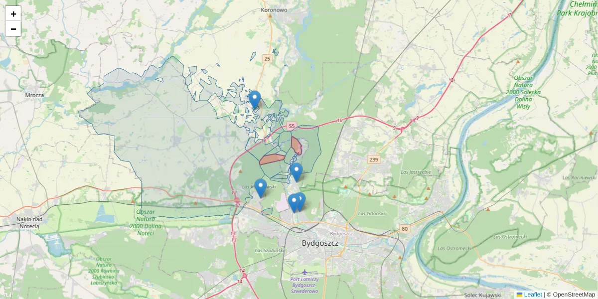 Szczegółowa mapa kodu pocztowego 85-483 z granicami, sąsiednimi kodami pocztowymi i urzędami pocztowymi