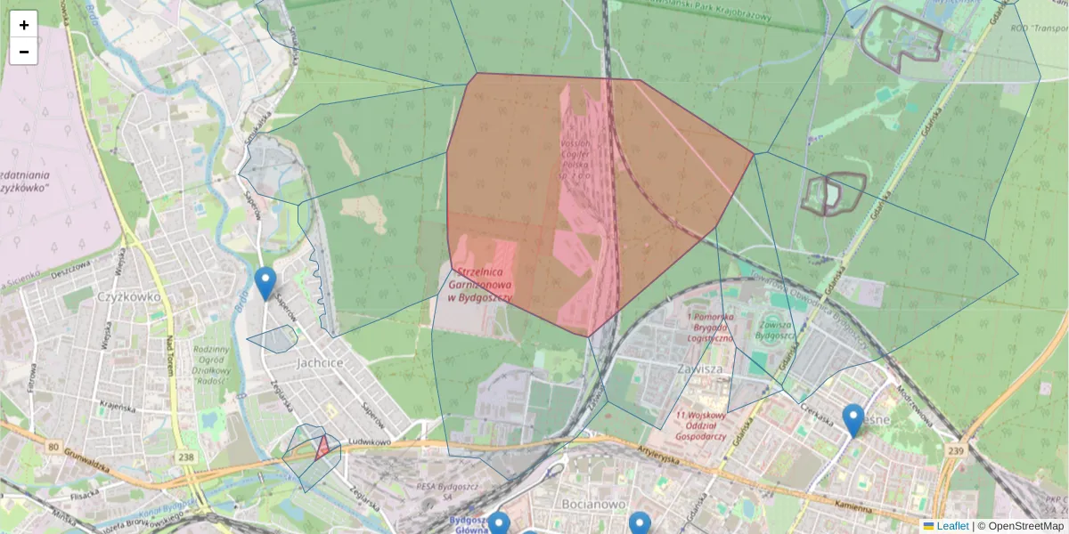 Szczegółowa mapa kodu pocztowego 85-502 z granicami, sąsiednimi kodami pocztowymi i urzędami pocztowymi