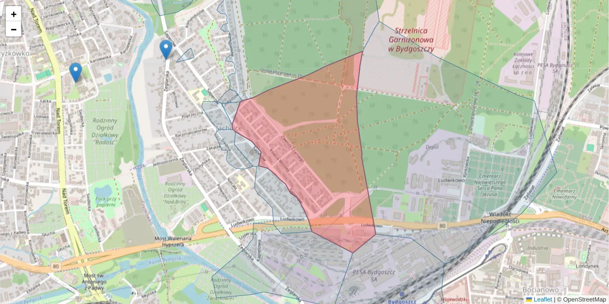Szczegółowa mapa kodu pocztowego 85-507 z granicami, sąsiednimi kodami pocztowymi i urzędami pocztowymi