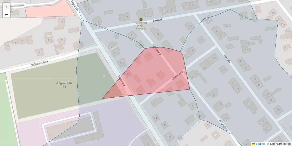 Szczegółowa mapa kodu pocztowego 85-523 z granicami, sąsiednimi kodami pocztowymi i urzędami pocztowymi
