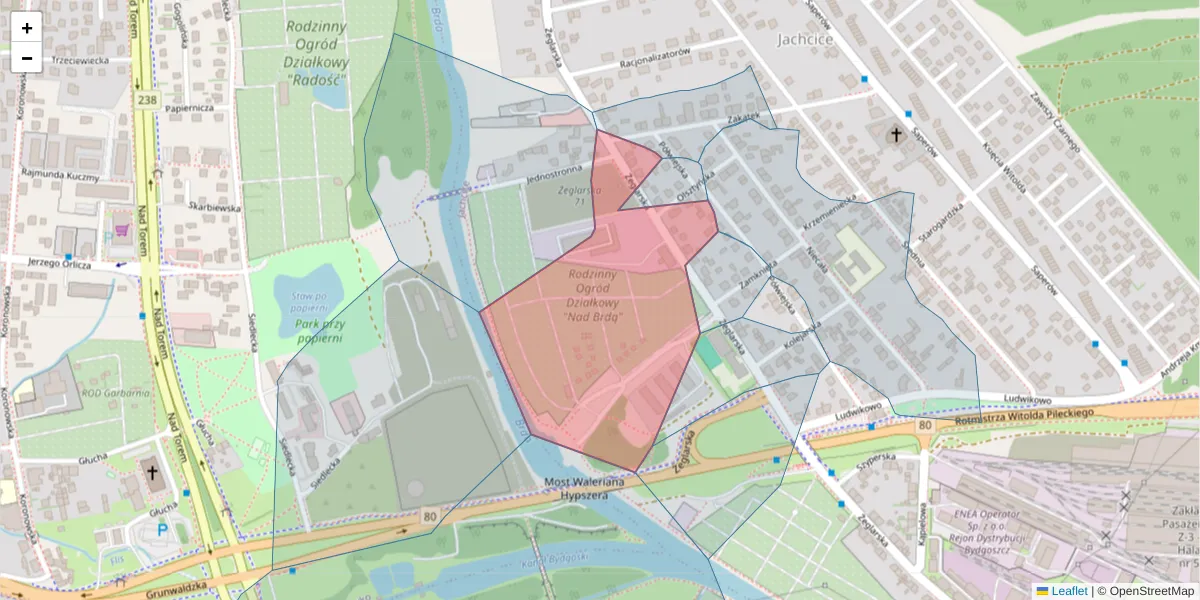 Szczegółowa mapa kodu pocztowego 85-529 z granicami, sąsiednimi kodami pocztowymi i urzędami pocztowymi