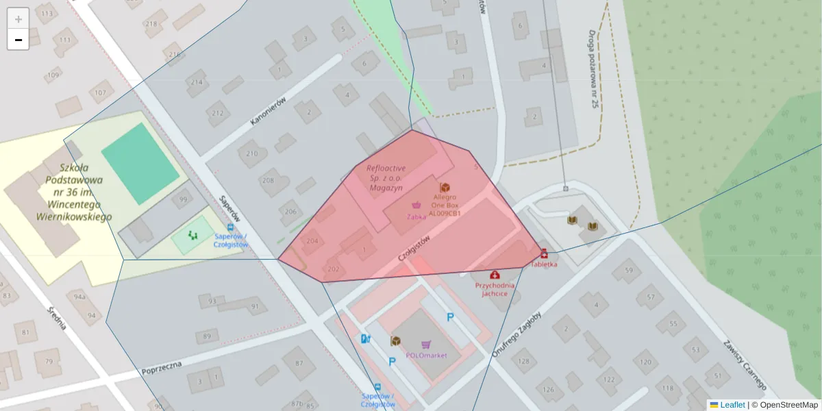 Szczegółowa mapa kodu pocztowego 85-532 z granicami, sąsiednimi kodami pocztowymi i urzędami pocztowymi