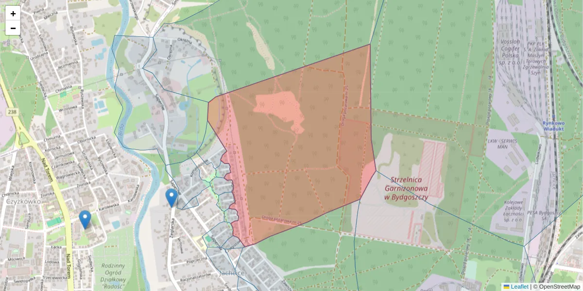 Szczegółowa mapa kodu pocztowego 85-535 z granicami, sąsiednimi kodami pocztowymi i urzędami pocztowymi